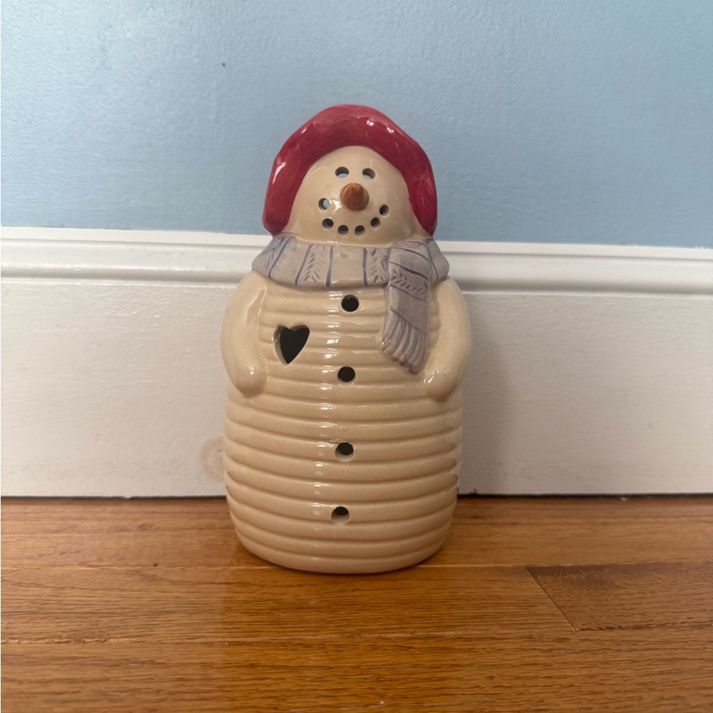 Ceramic Snowman tea light holder with  Red Hat and Gray Scarf